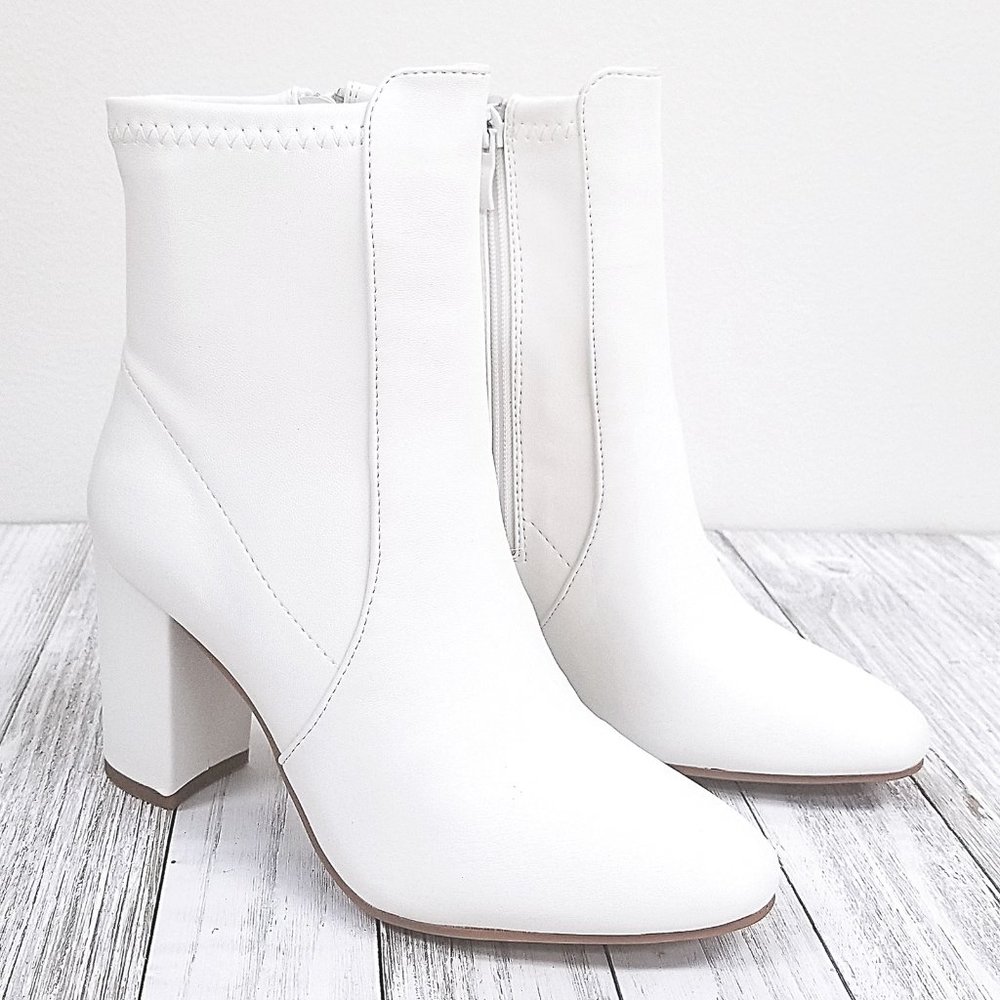 White Stretch Sock Ankle Boots Heel Booties